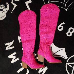 Hot Pink Rhinestone Cowboy Boots - Over the Knee Thigh High